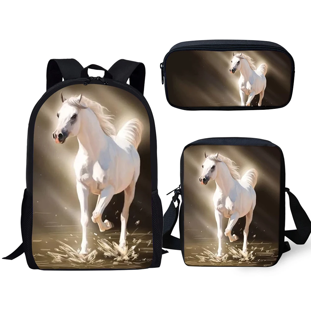 HaoYun Children's 3PCs Set Backpacks Cute White Horse Pattern Kids School Book Bags Students Backpack/Flaps Bag/Pen Bags
