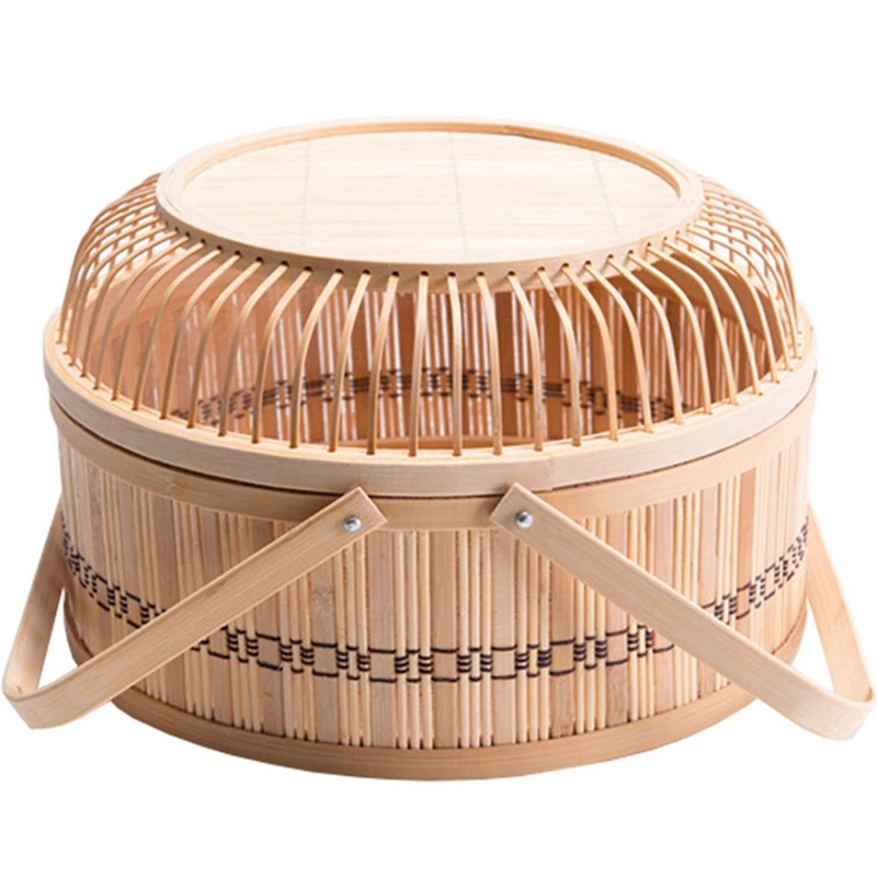 

Handmade Vintage Traditional Round Bamboo Basket for Food Basket Chinese Storage Case with Handle
