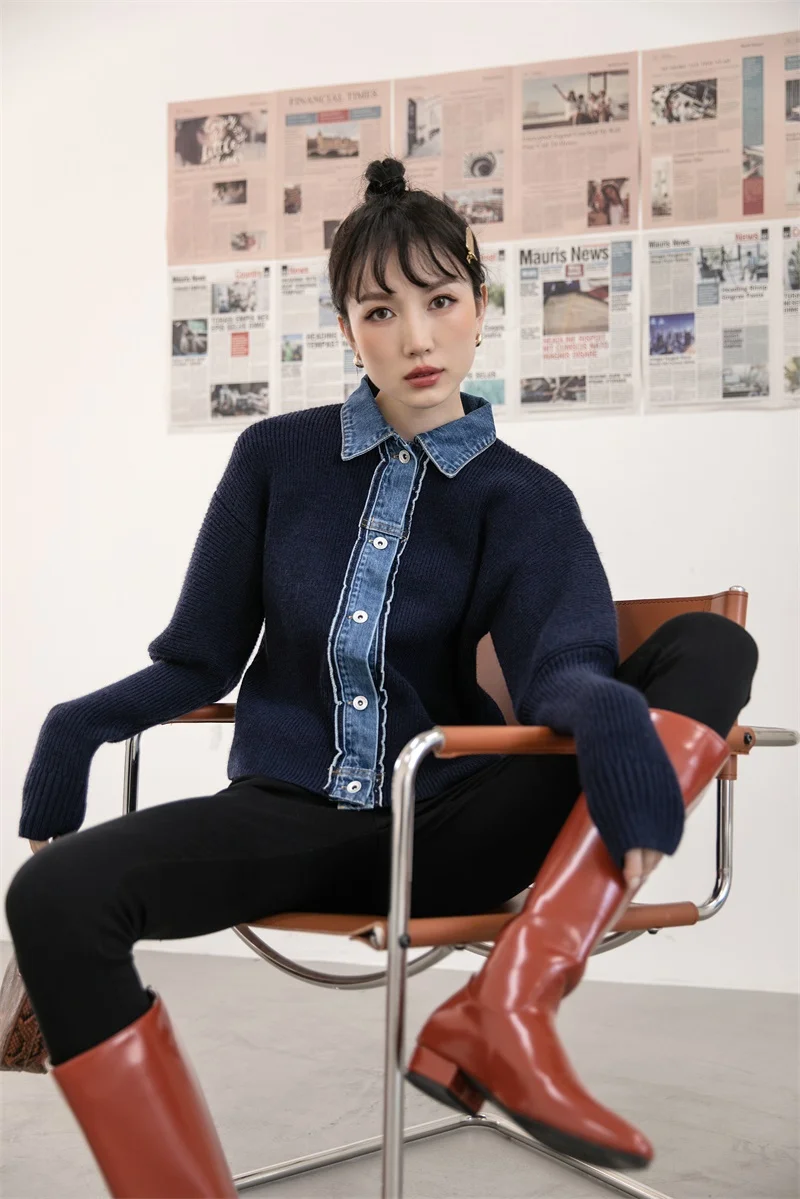 

CHEERART Winter Sweater Jacket Women Patchwork Denim Designer Coats And Jackets Knited Warm Outerwear 2020 Clothing