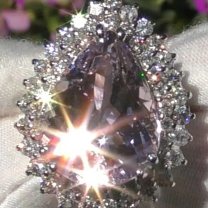 

Classic Ladies Wedding Purple Water Droplet Crystal Ring Silver Color Dazzling AAA+ CZ Rhinestone for Women Party Jewelry