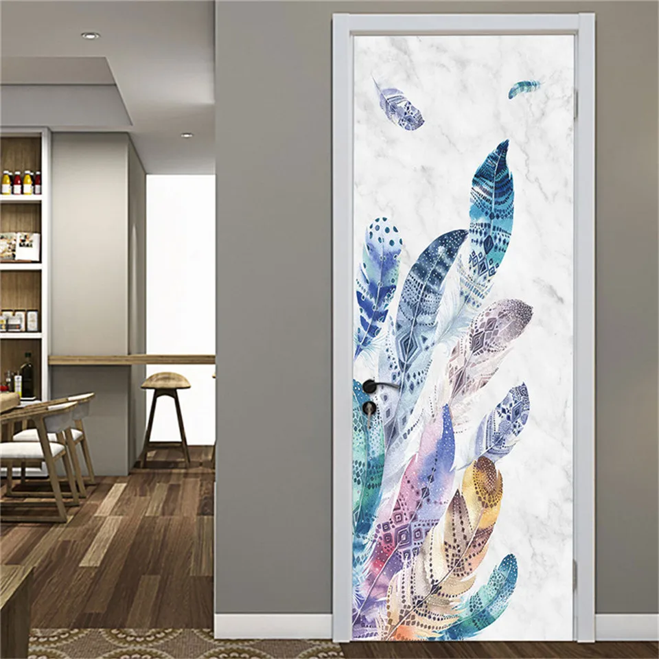 

2pcs/set Colorful Feather Door Sticker PVC Self Adhesive Waterproof Wallpaper Living Room Bedroom Poster Home Design deursticker
