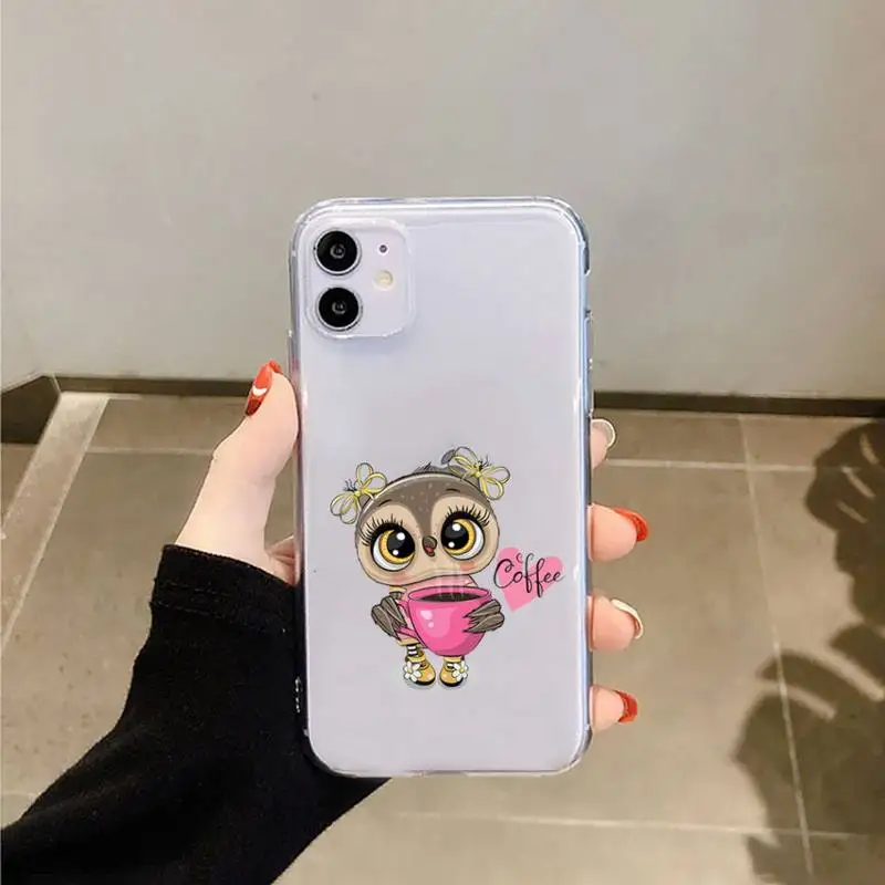 

Cute Owl Black Phone Case Transparent for iPhone 11 12 mini pro XS MAX 8 7 6 6S Plus X 5S SE 2020 XR