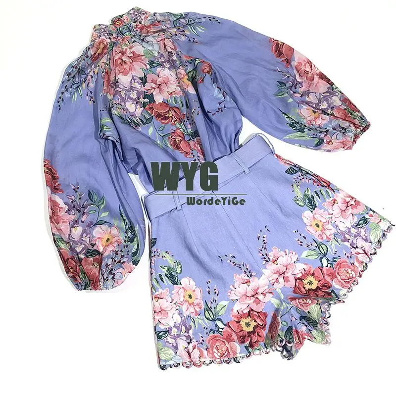 Комплект из синей льняной блузки и шорт высокого качества весна лето 2020 Новые