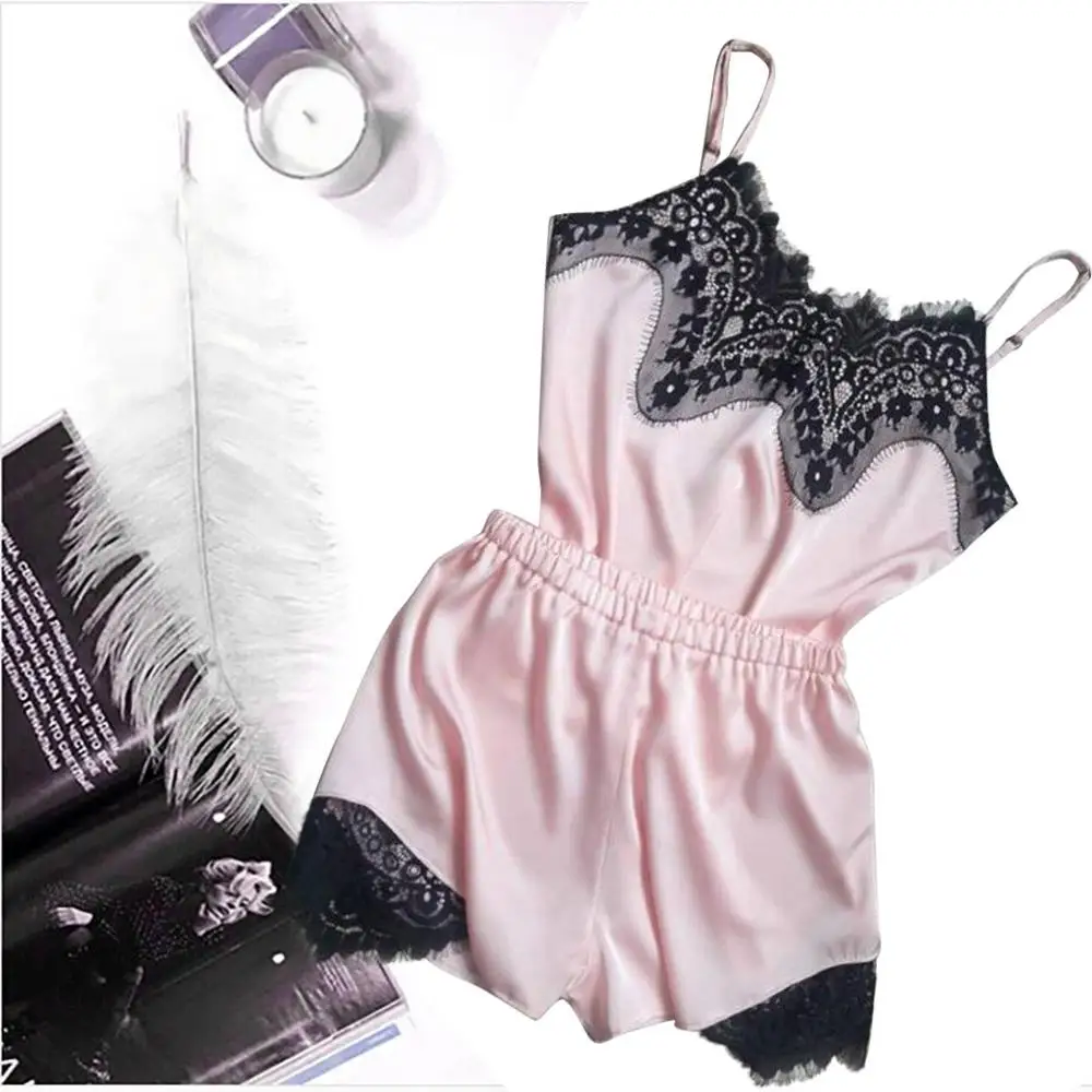 Sexy Satin Women Sleepwear Set Solid Color Casual Nightwear Lace Sling Shorts Pajama Lingerie Koronkowa Pizama 2020 New Hot | Женская