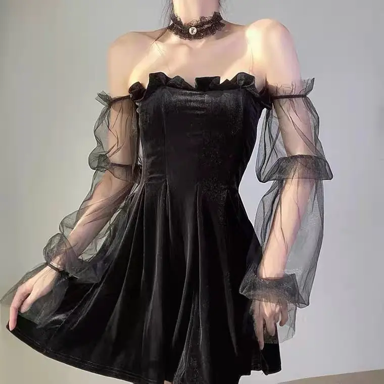 Gotik seksi elbise Vintage kapalı omuz fener kollu örgü Patchwork kadife Mini elbise koyu sokak siyah elbise kadın için