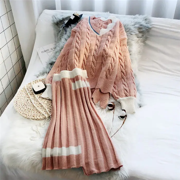 pink Комплект из 2 предметов, женские юбки с v-образным вырезом, Модный повседневный вязаный свитер, пуловер и Плиссированные Свободные юбки, женские элегантные костюмы f1505 - Цвет: pink