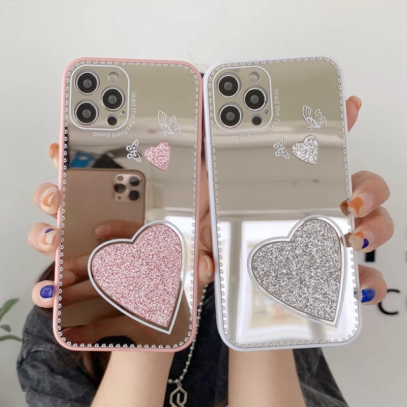 

Luxury Love Heart Mirror Phone Case For iPhone 12 11 Pro Max XR XS Max X 7 8 Plus SE 2020 Fashion Butterfly Bumper Back Cover