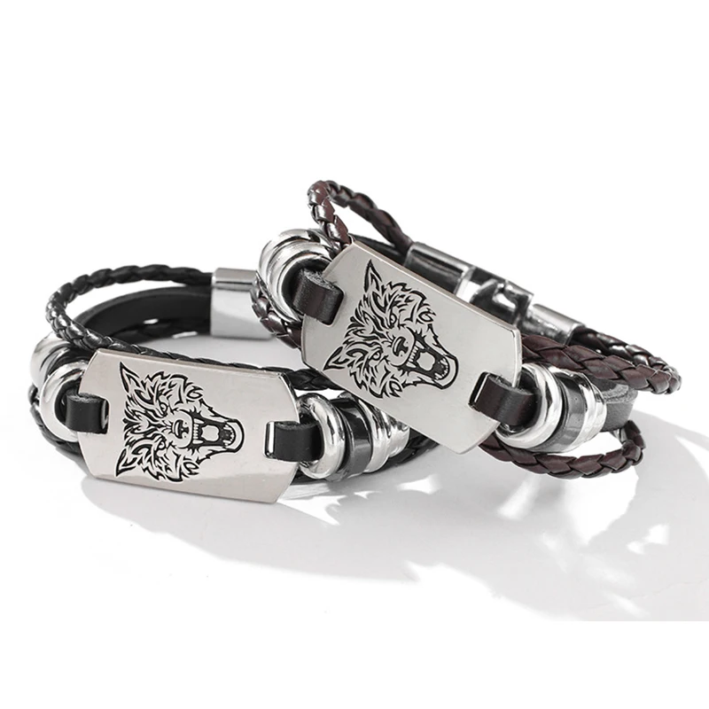 Многослойный кожаный браслет из нержавеющей стали с изображением головы волка в