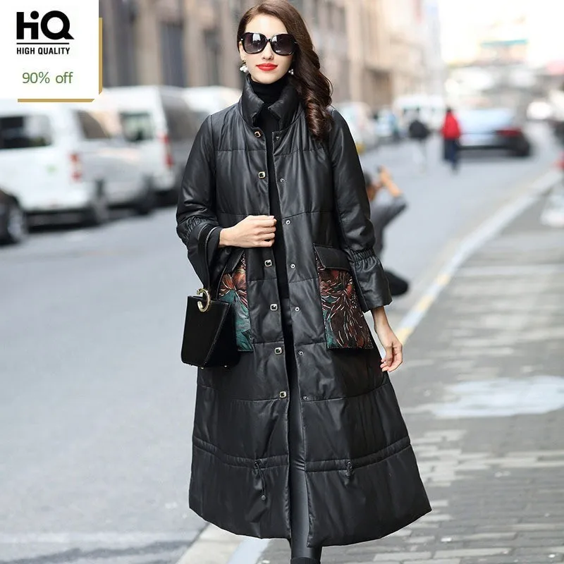 2020 New Women Sheepskin Genuine Leather Long Coat Printed Pockets Loose Fit Big Cape Stand Collar White Down Jacket Overcoats | Женская
