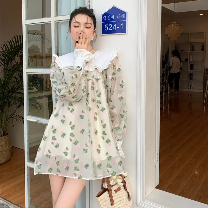 

Women Flower Printed Long Sleeve Peter Pan Collar Dress Mesh Layer Large Size Dresses Lady Fashion Tide Summer Z510