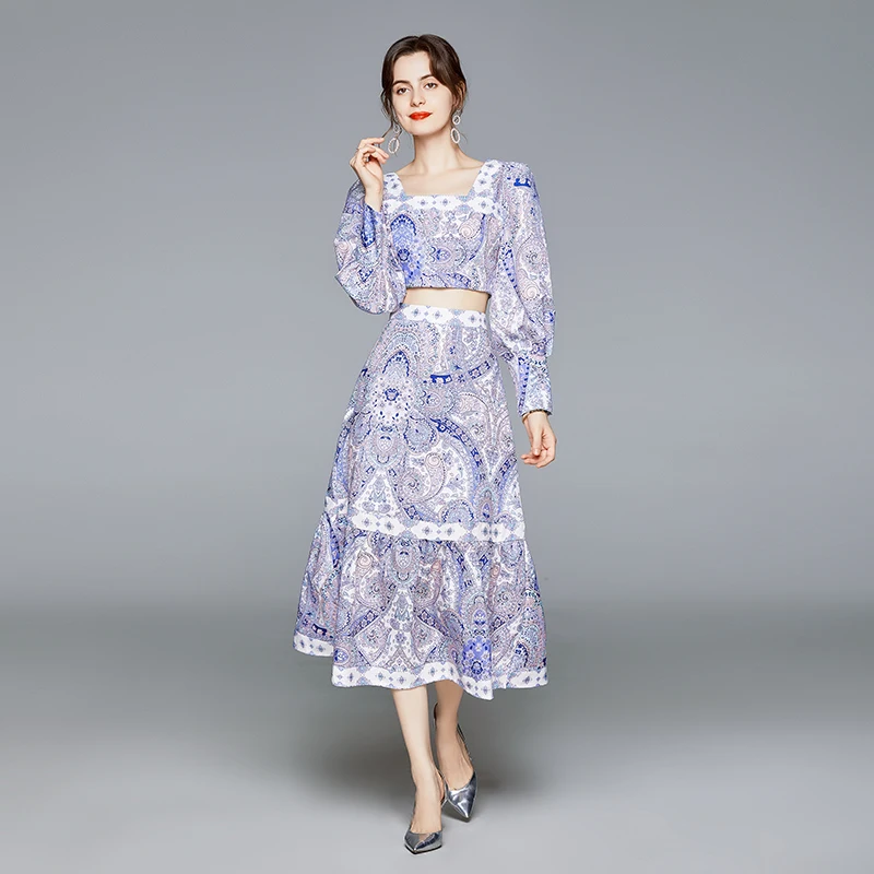 

Vintage Fashion 2-Piece Set Women Lantern Sleeve Short Shirt Top + Elegant High Waist A-Line Skirt Summer Casual Lady Print Suit