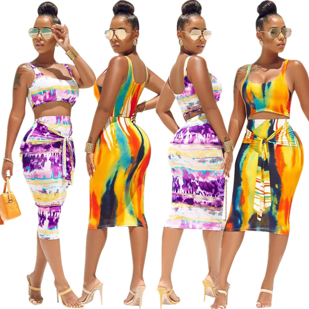 

Summer 2020 Fashion Style African Women Printing Two Pieces Sets Top and Skirt African Clothing African Clothes for Women