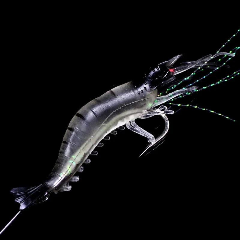 30 шт./лот Ночные светящиеся искусственные креветки приманки 9 см 6 гр мягкие приманки с длинным стальным проволочным бочковым вращающимся соединением J030.