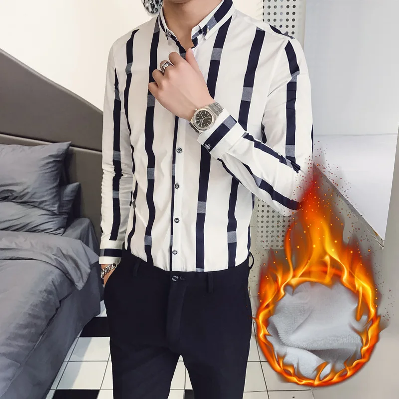 

New winter clothing lapel men's plush shirts casual thickening long sleeve shirt stripes