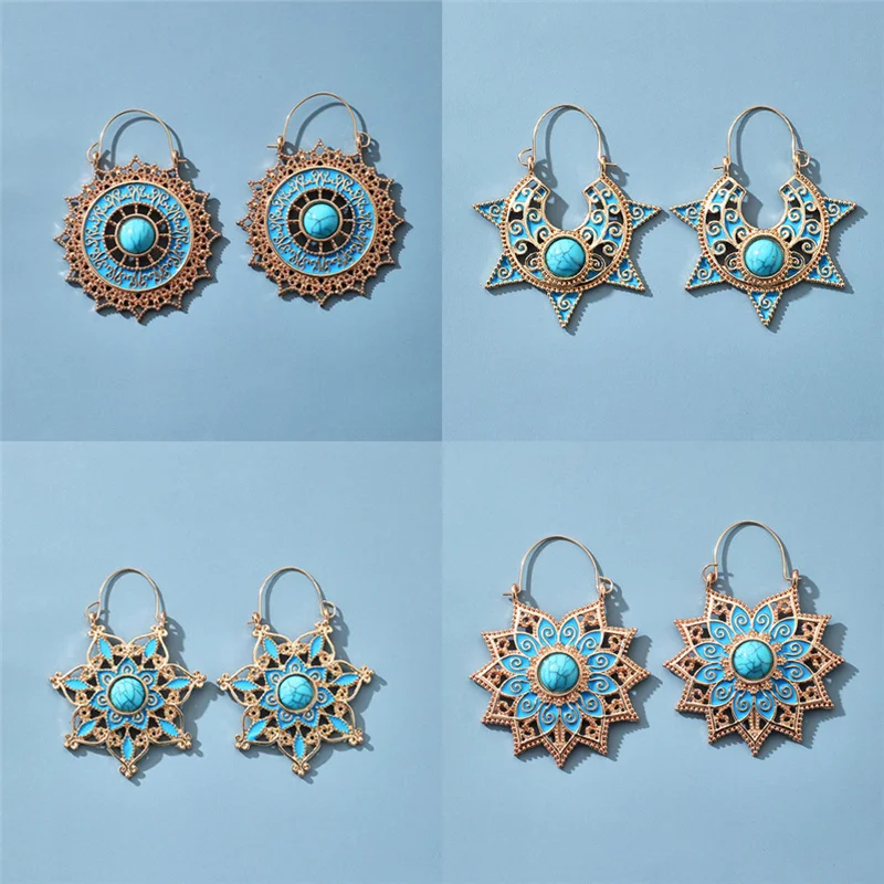 

Vintage Ethnic Geometric Antique Dangle Earrings for Women Glamour Blue Stone Carving Hollow Female Party Jewelry