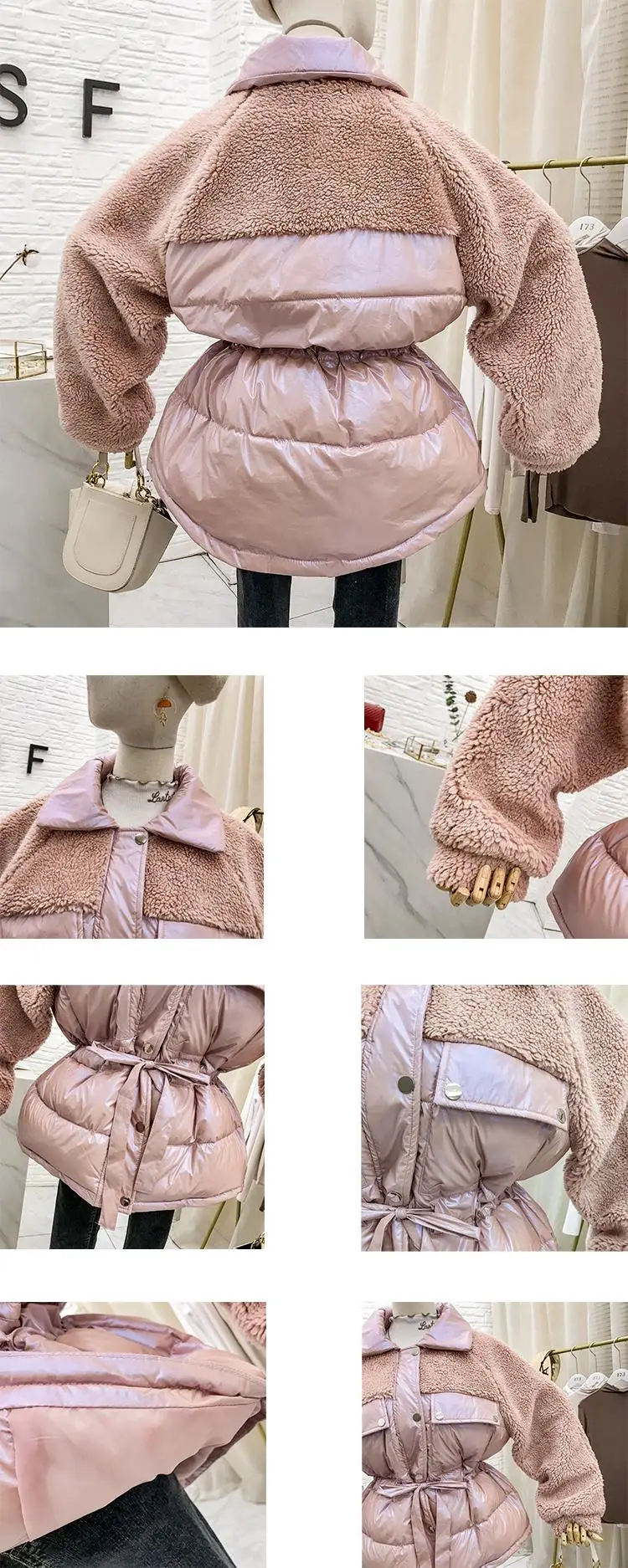 Mooirue Winter Casual Parkas Sherpa Fleece Patchwork Drawstring Lace Up Vintage Coats Harajuku Jackets Female white Coats