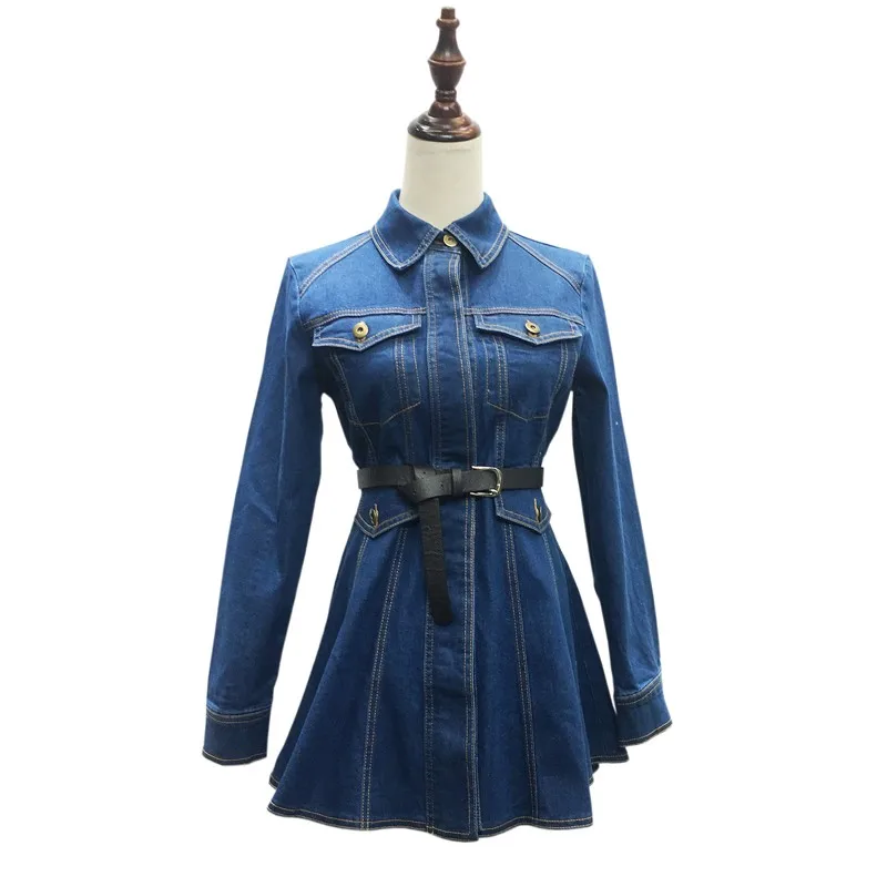 Милое короткое женское джинсовое платье на пуговицах с длинным рукавом весенние
