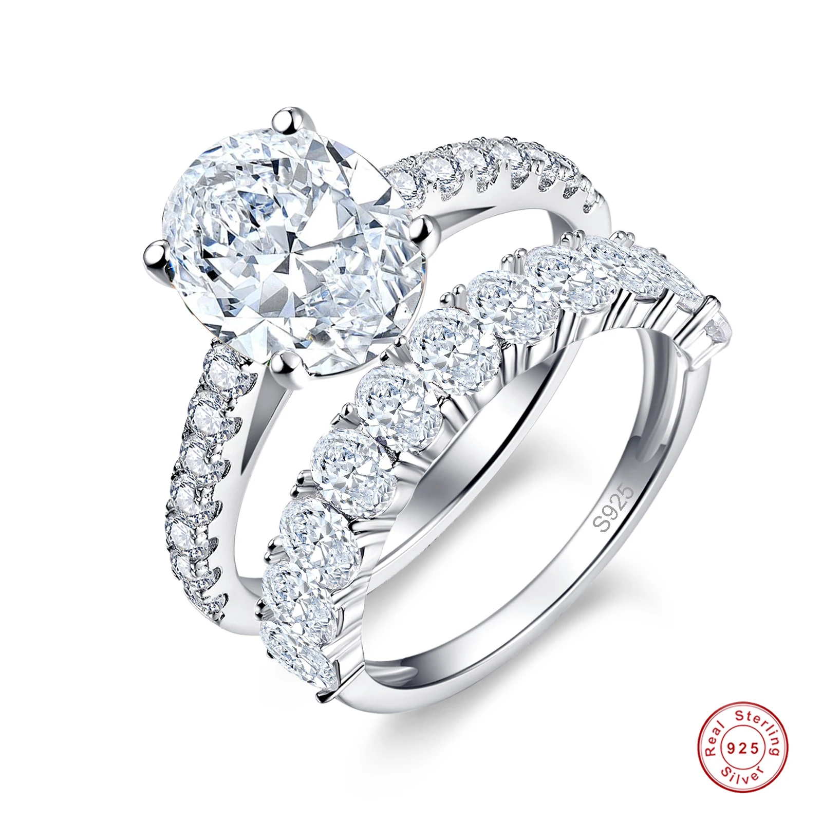 

Fashion 2 Pieces Real 925 Sterling Silver Rings Round Bridal Wedding Ring Set For Women Zirconia Jewelry