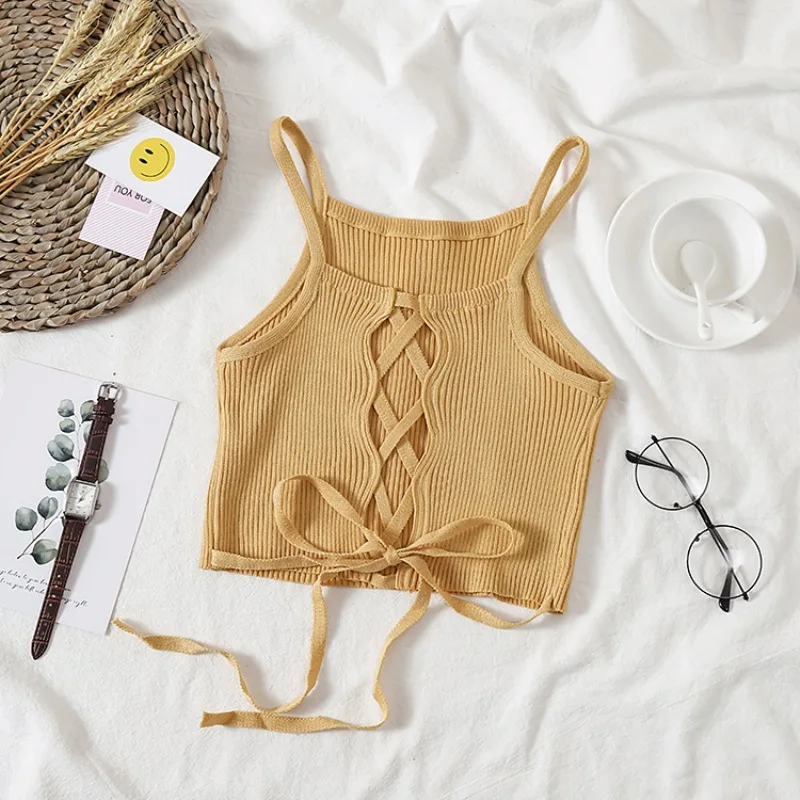Для женщин укороченный Топ вязаный бандажный Спагетти Клубные майки Холтер Танк