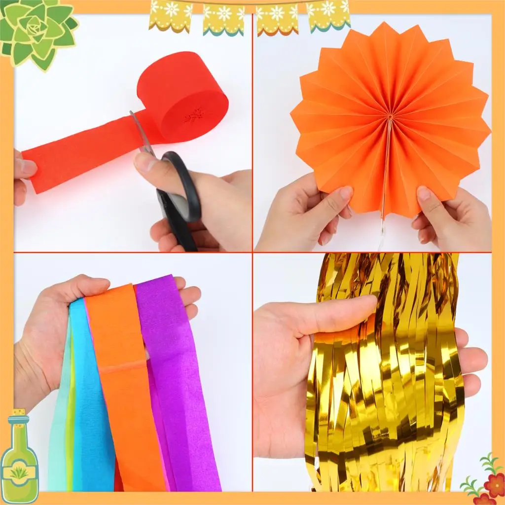 

Mexican Fiesta Theme Party Backdrop with Multi-Color Paper Fans, Paper Flowers,