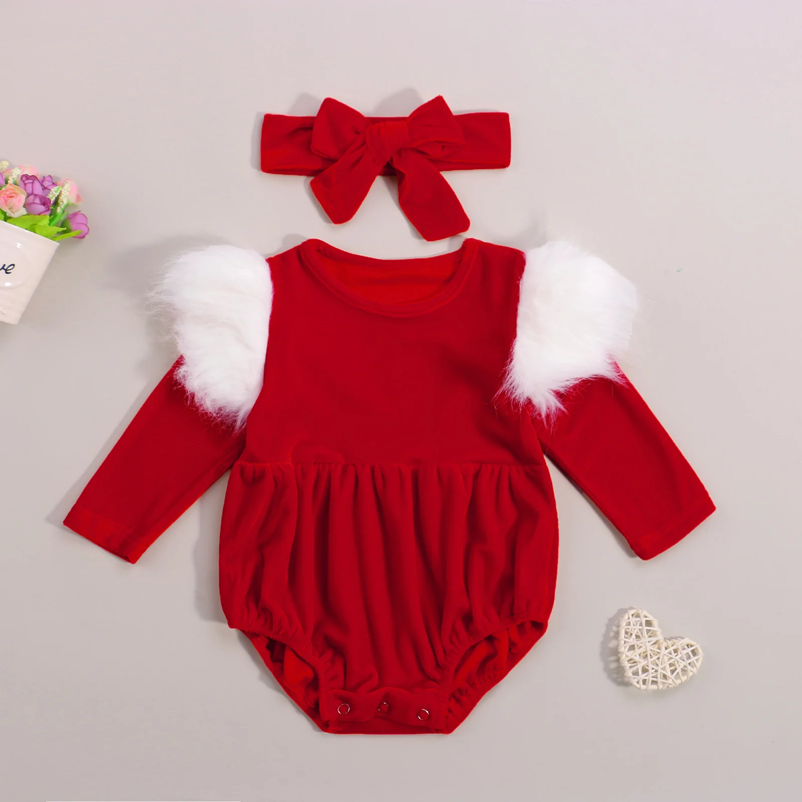 

Baby Girls 2Pcs Fall Christmas Bodysuit Faux Fur Ruffle Trim Long Sleeve Romper with Bow Headband Set