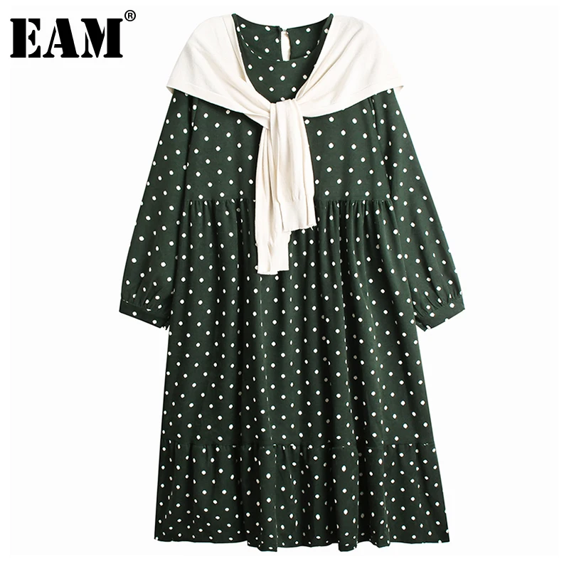 

[EAM] Women Green Dot Printed Big Size Long Dress New Sailor Collar Long Sleeve Loose Fit Fashion Spring Autumn 2022 1DE2706