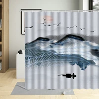 chinese style shower curtain ink painting mountain bird flower plant bamboo scenery bathroom hanging curtain set polyester cloth