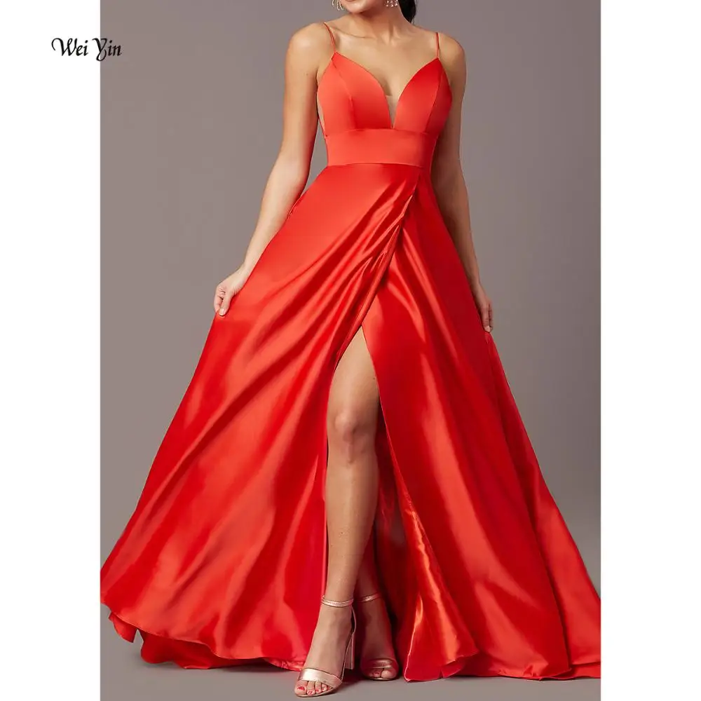 

wei yin AE0496 Red Evening Dress 2021 Sexy Spaghetti Straps vestidos de fiesta V Neck Open Back robe de soiree Long Prom Gowns
