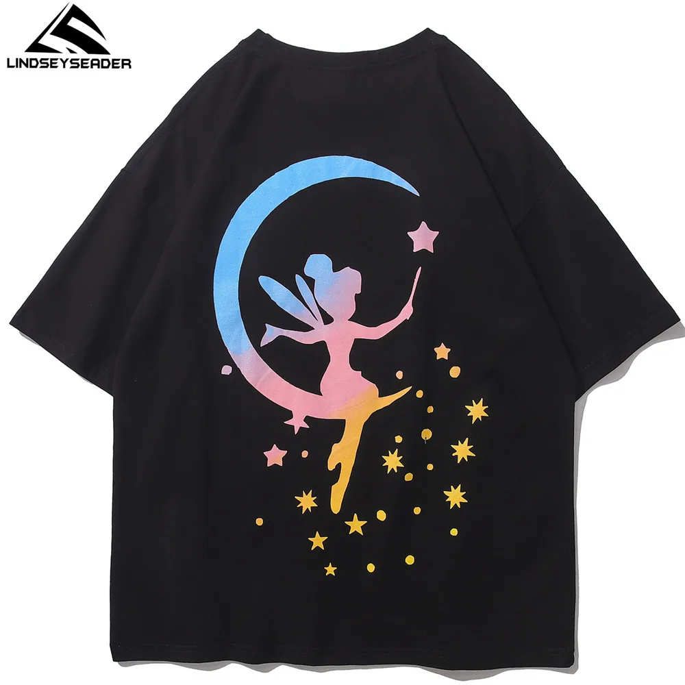 

LINDSEY SEADER Men's Hip Hop Oversize Tshirt Little Fairy Moon Print Cotton Casual Harajuku Streetwear Short Sleeve Top T-shirts