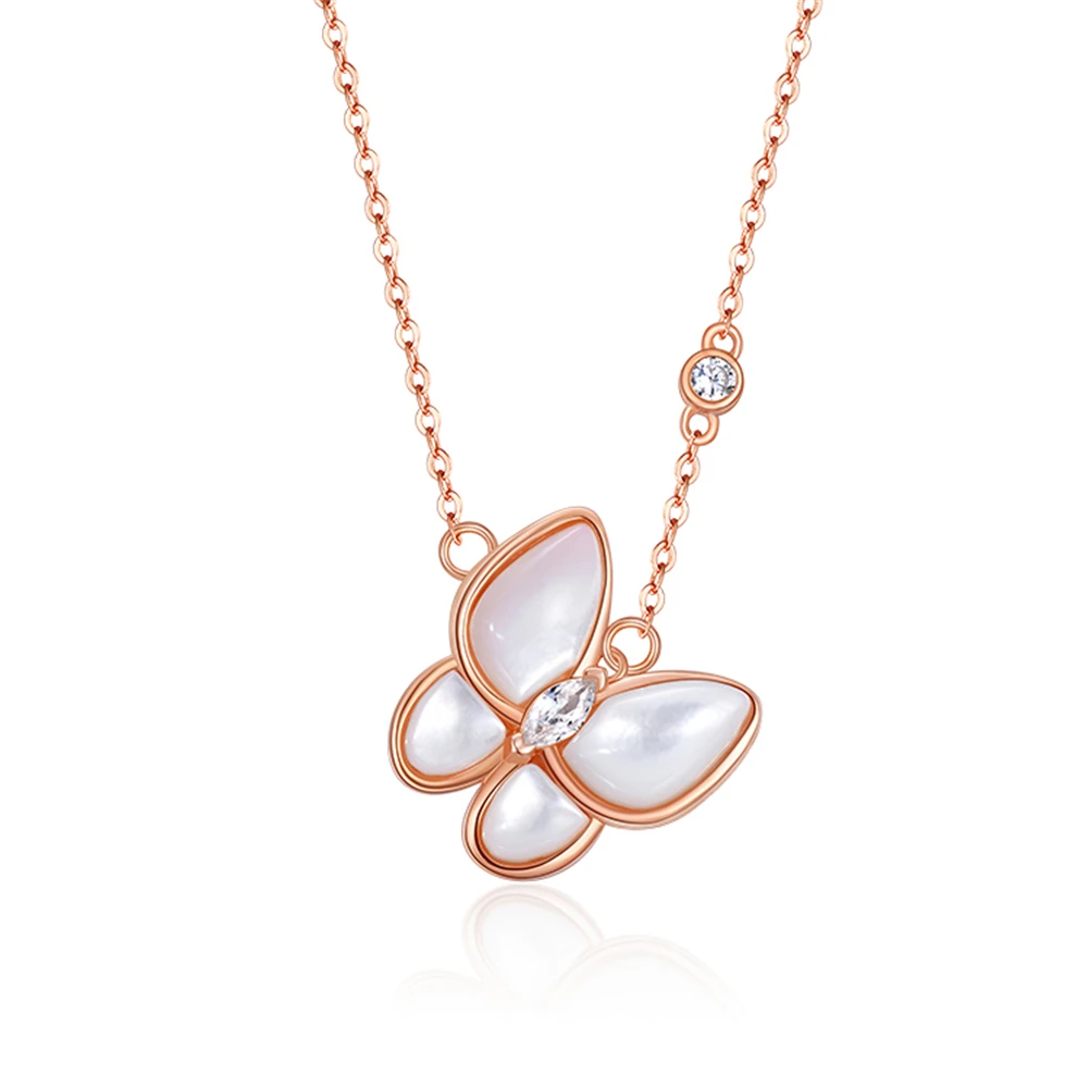 

Korean Fashion Necklace Sterling S925 Silver Butterfly with Shiny Pearly Shell & Zirconia for Women Girl Gift Jewelry P-173