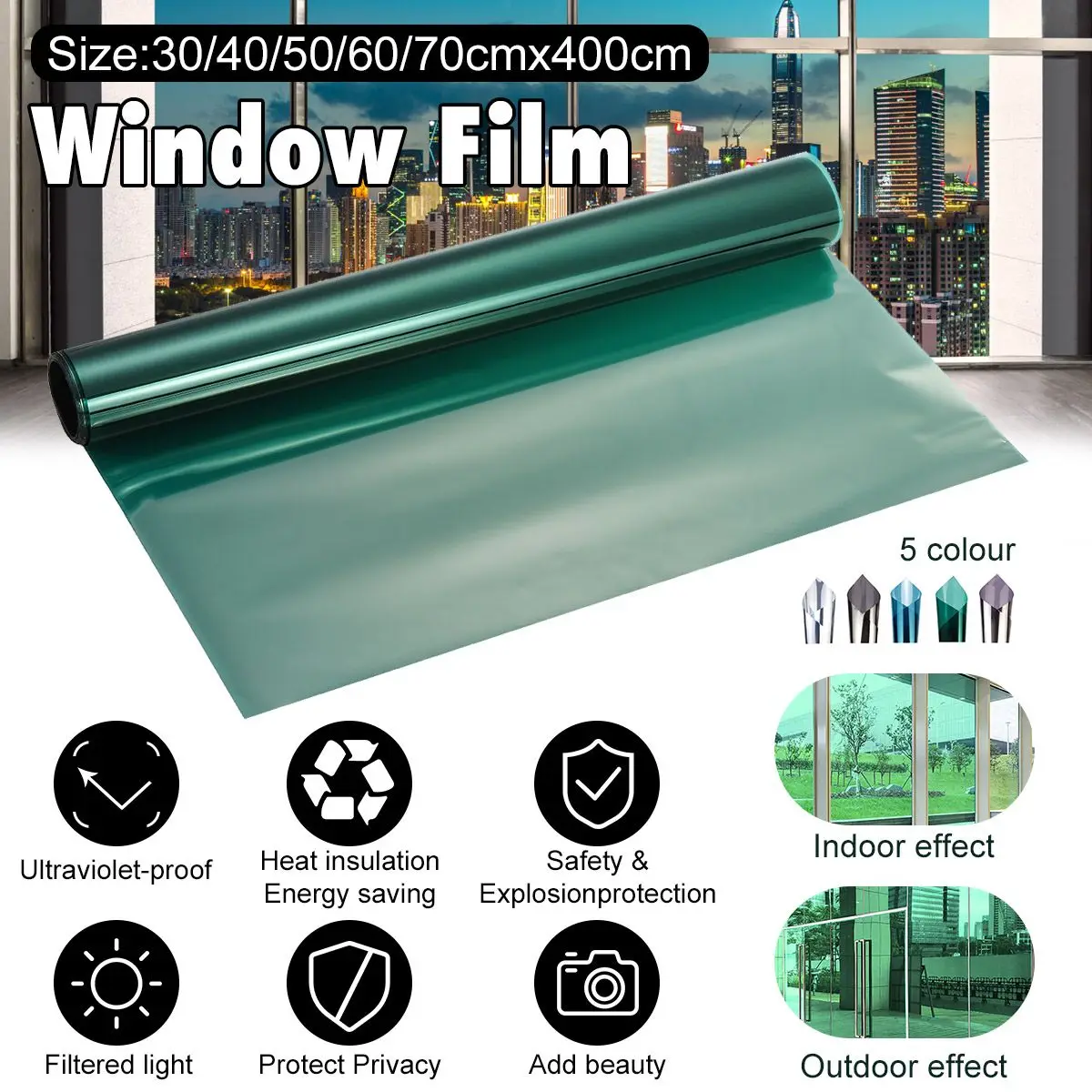 

30/40/50/60/70x400CM One Way Mirror Window Film Insulation Solar Tint Window Stickers UV Reflective Privacy Decorative Films