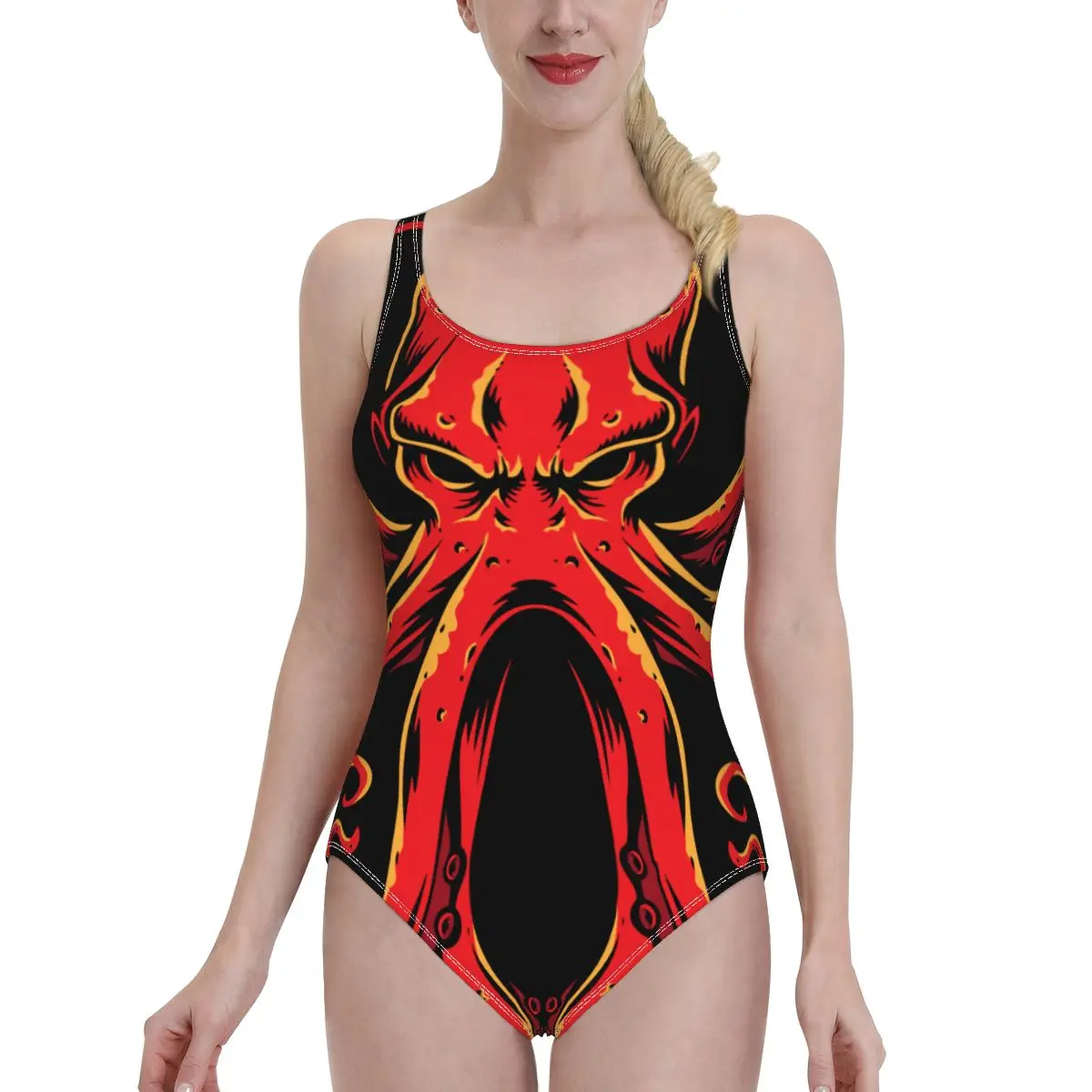

2021, одежда для плавания, Цельный купальник, Женский монокини с открытой спиной, купальный костюм с красным логотипом осьминога, спортивное б...