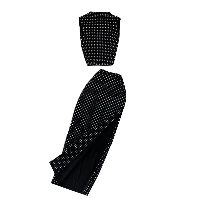 

Fashion Hot High Waist Thin Sexy Bag Hip Split Long Drill Skirt And Sleeveless Vest Top Black Two Piece Suit Party