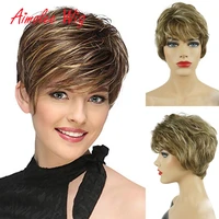 short fluffy ombre black grey highlight human hair synthetic blend wigs with bangs natural wave daily work party wig for women