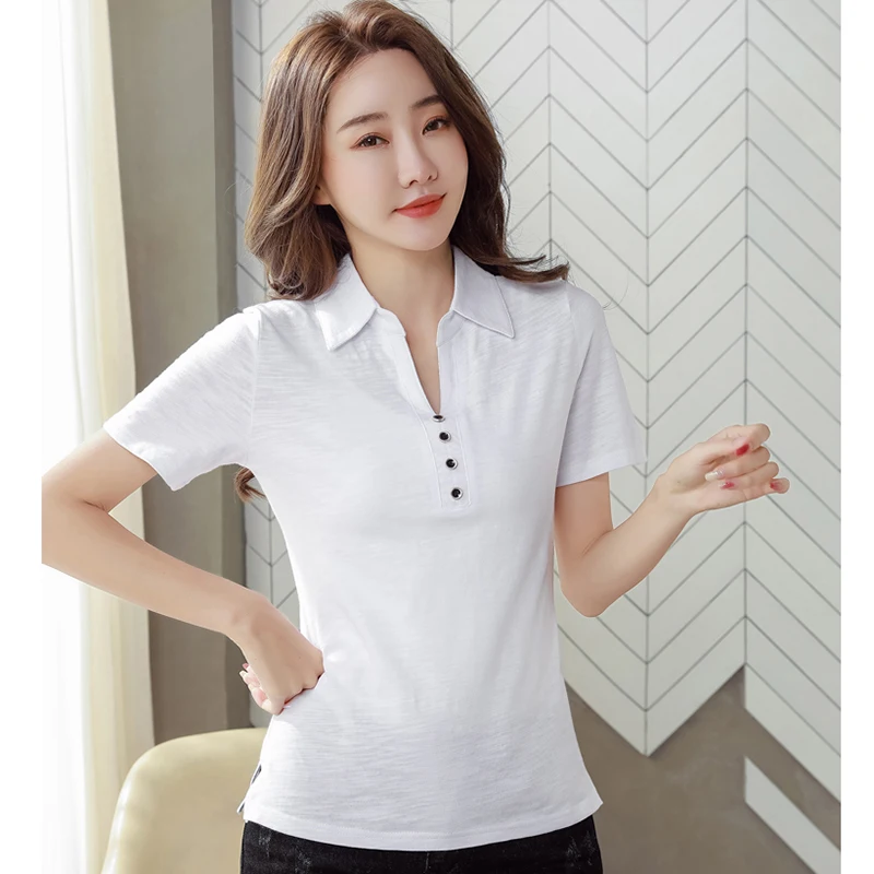 

2022 Button Cotton T Shirt Women Casual Turn-down Collar Short Sleeve Tshirt Women Summer Top Mujer White Korean Woman Clothing