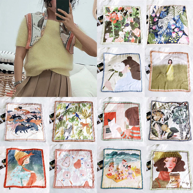 

Fashion Print Hair Tie Band Head Neck Scarf Headband DIY Handle Bag Ribbons Small Silk Satin Scarf Women Square Scarf
