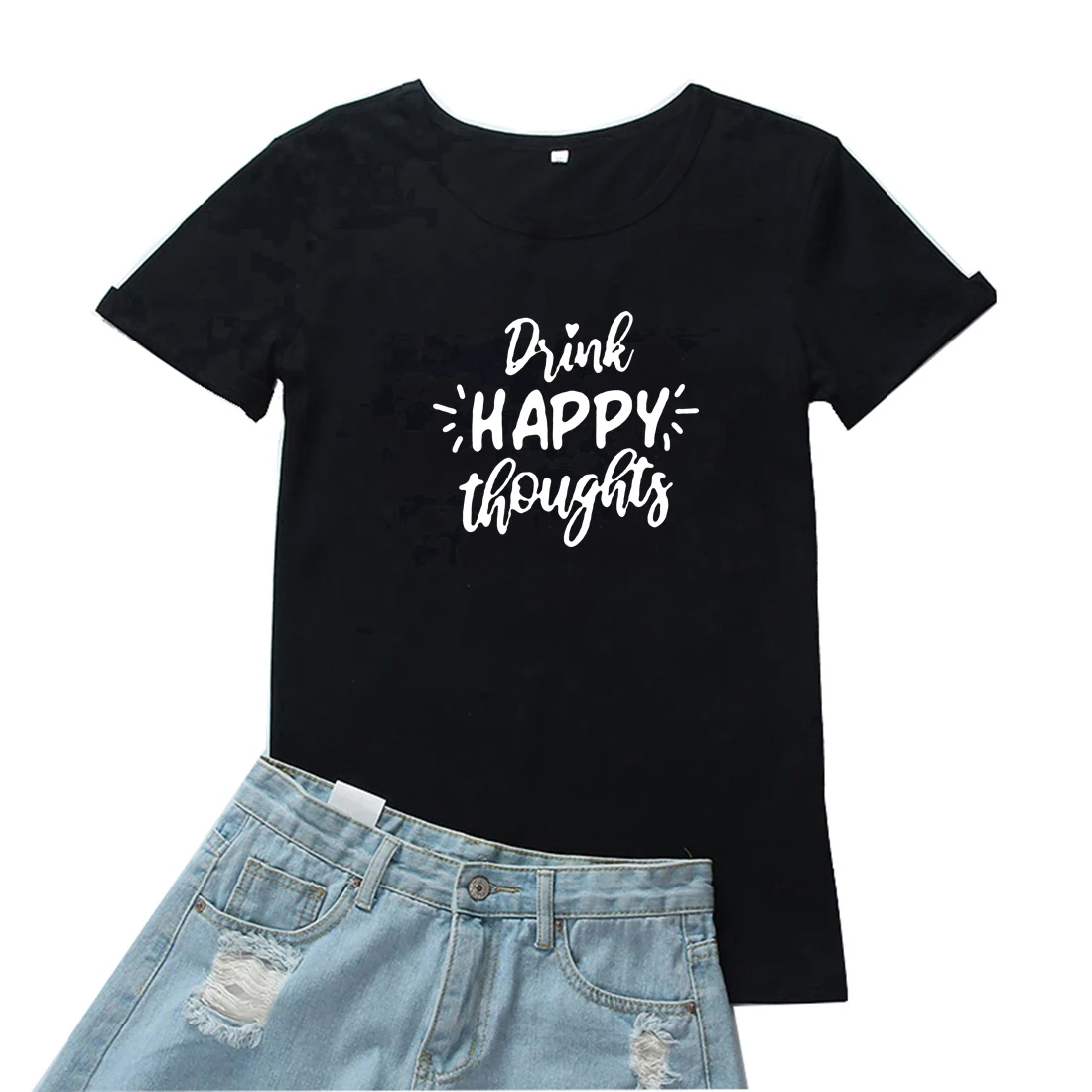 

Drink Happy Thoughts Tshirts Women Fashion Letter Graphic Tees Women Black O-neck Tshirt Women Simple Cute Print Camisetas Mujer