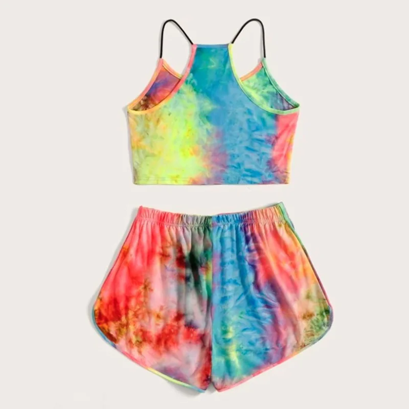 

JVCAKE Two Piece Set Women Crop Top And Shorts Sets Tie Dye 2 Pcs Summer Clothing Letter Print Camisole Sports Shorts Suit