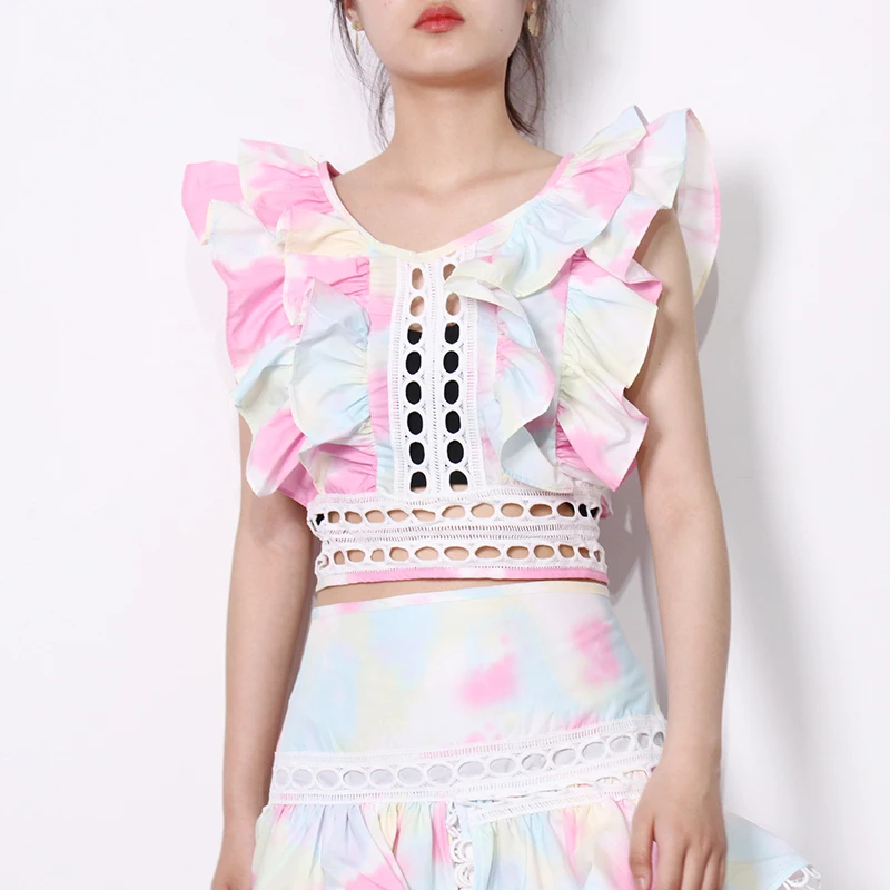 

TWOTWINSTYLE Ruffle Patchwork Set For Women O Neck Short Sleeve Shirt High Waist Mini Skirt Hollow Out Sets Female Fashion New