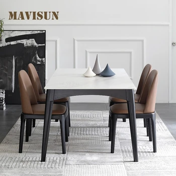 Italian Luxury High-End Custom White Marble Top Wooden Legs Dining Table Dining Set 6 Chairs With Modern Table Kitchen Furniture