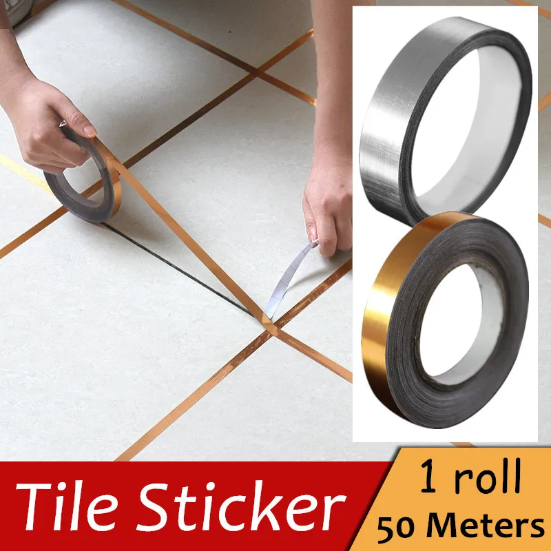 

2 Colors 0.5cmX50m Bathroom Wall Gold Foil Self-adhesive Wear Resistant Waterproof Ground Tile Sticker