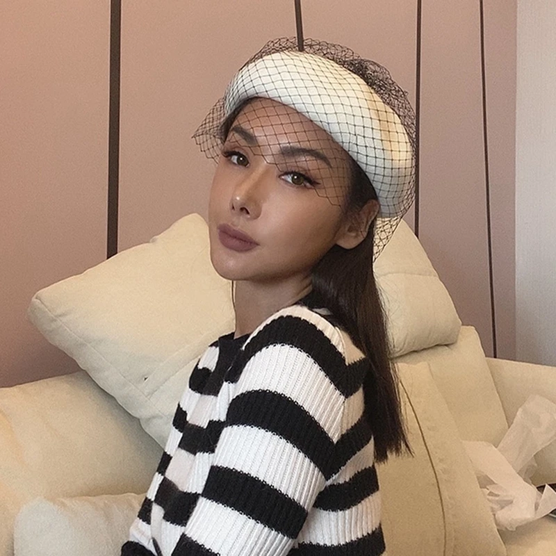 

new wool warm cashmere yarn beret for women with silk screen cap retro pumpkin