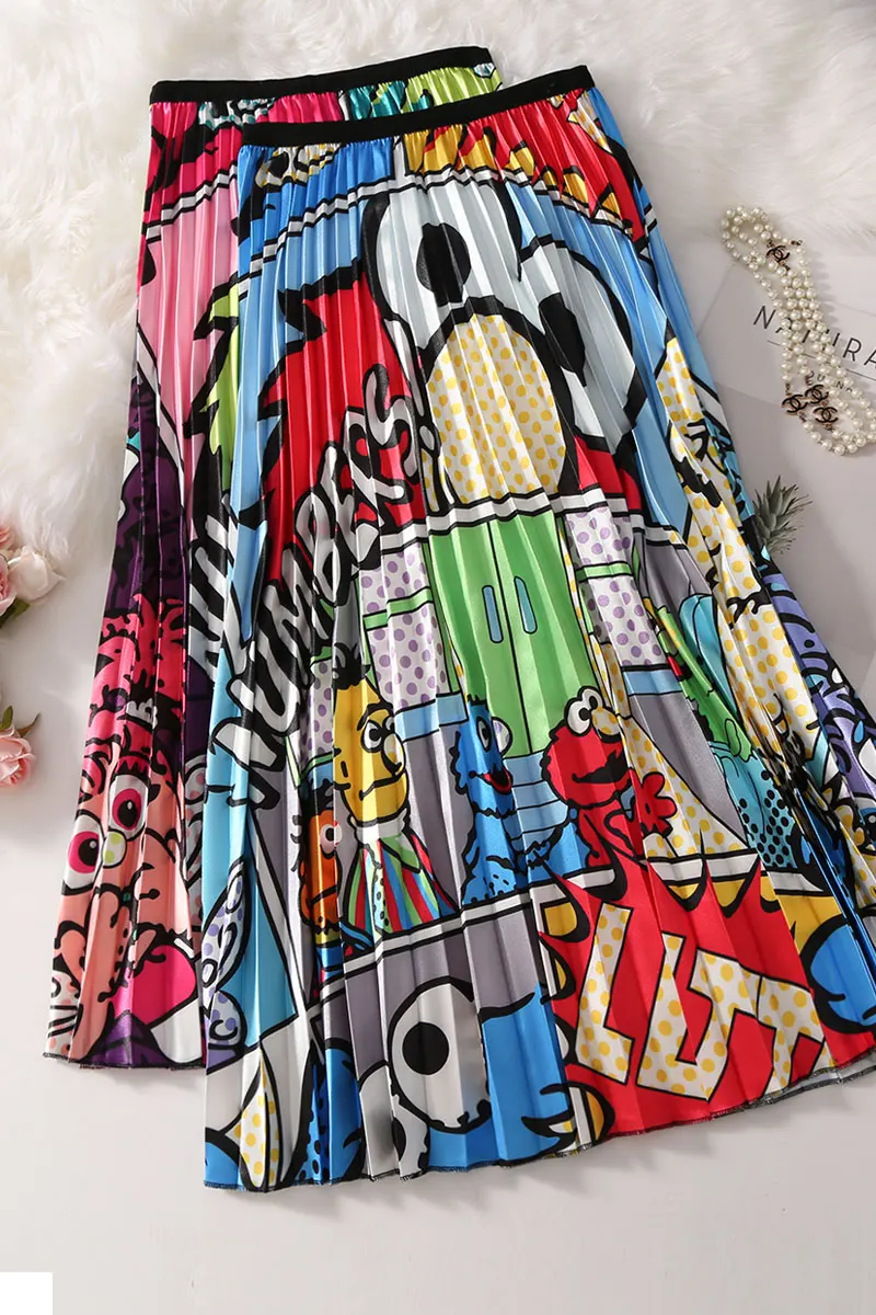 

Cartoon 2020 Spring Summer Pattern Elasticity Pleated Skirt High Street Style A-line Mid-Calf Christmas Faldas