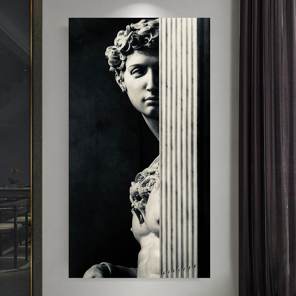 

Nordic Black White Wall Mural Modern Retro Roman Column Figure Posters David Gypsum Sculpture Art Picture for Home Decoration