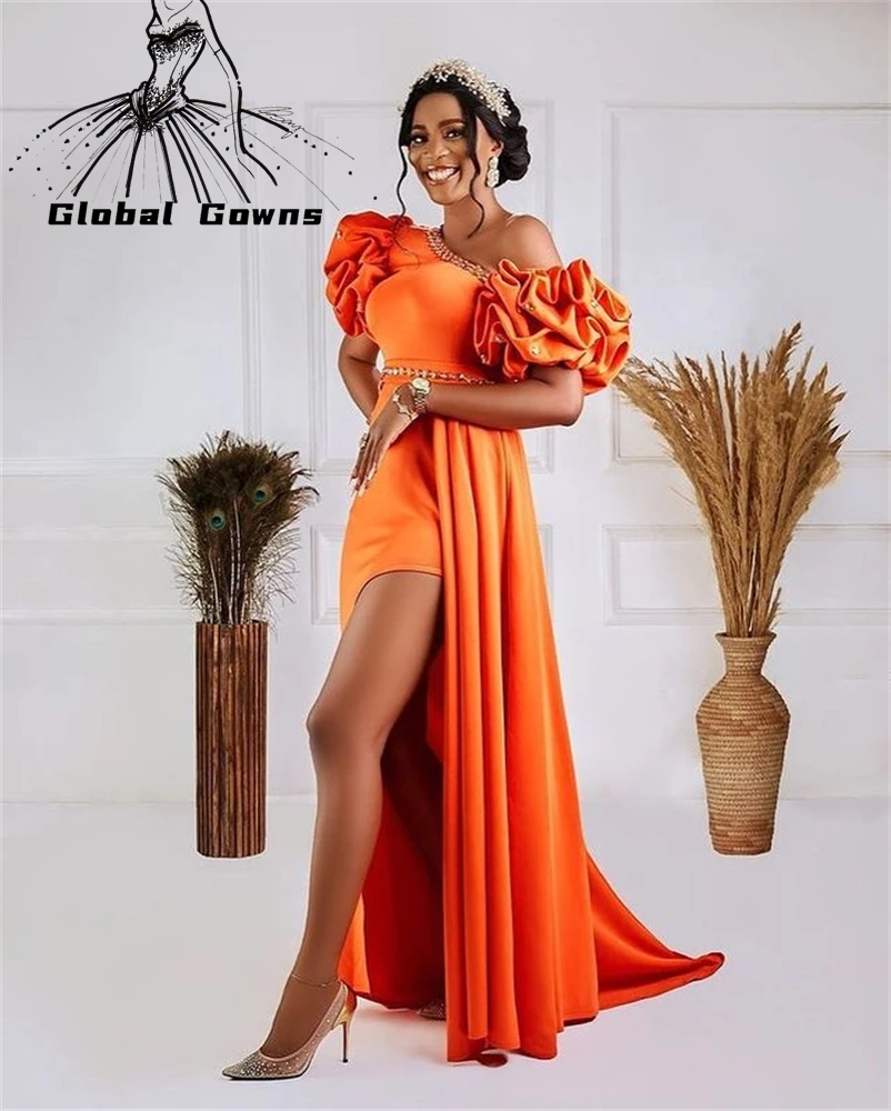 

2021 Charming Orange Aso Ebi One Shoulder Evening Dress For Women African Party Dresses High Slit Vestidos De Noche