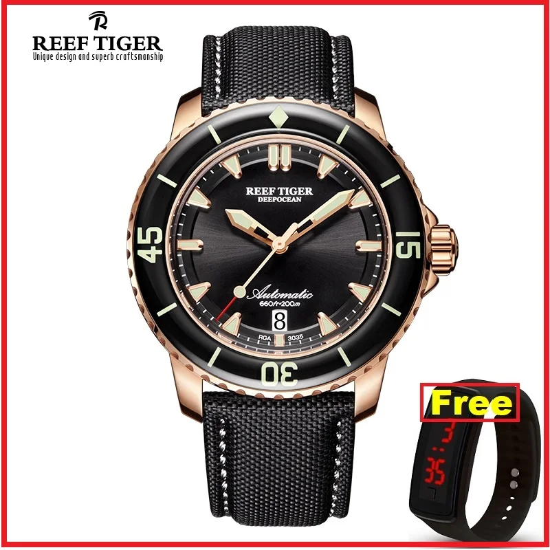 Reef Tiger/RT супер светящиеся часы для дайвинга 200 м Водонепроницаемые Мужские аналоговые автоматические часы с синим циферблатом нейлоновый ремешок RGA3035 SINOWATCH