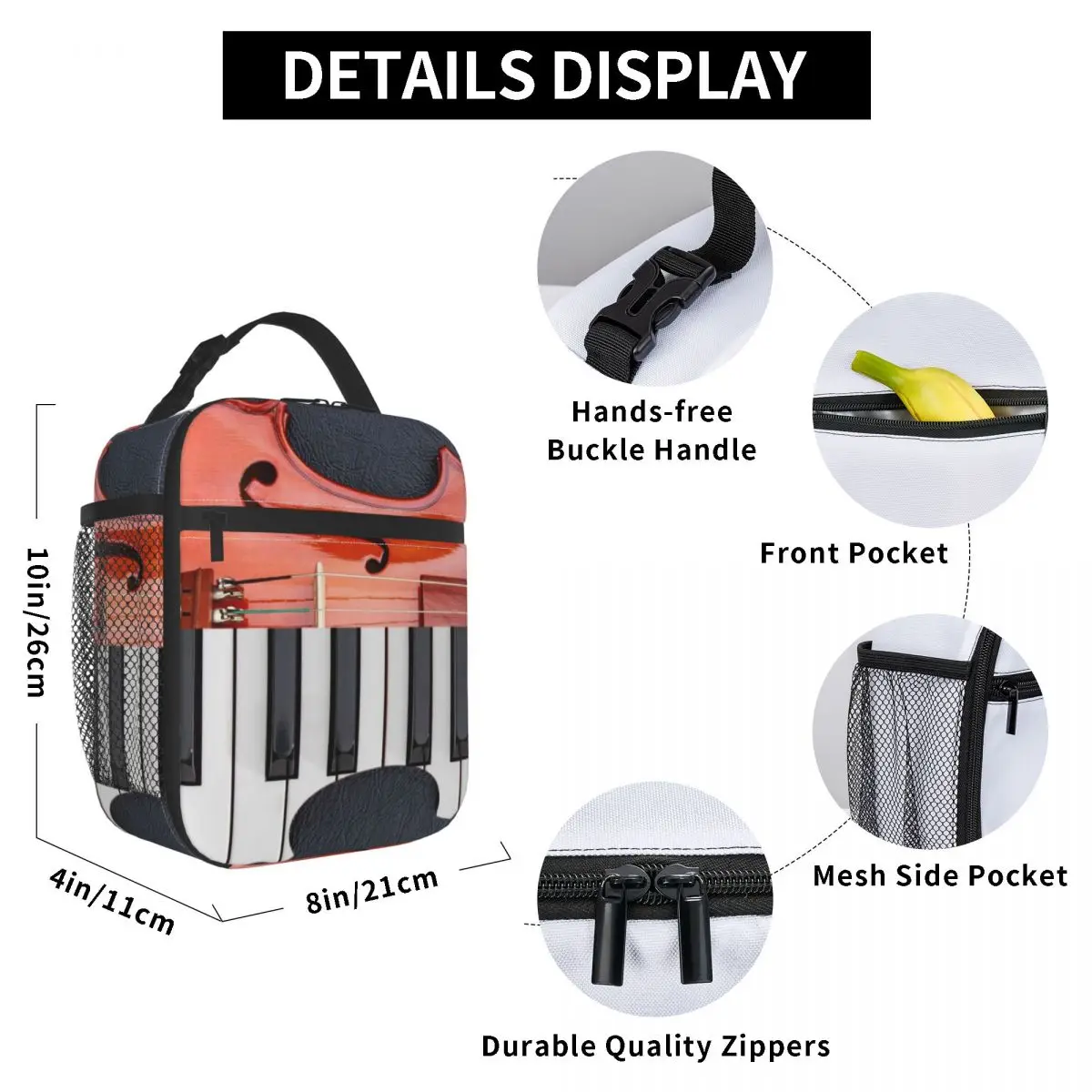 

Piano Keys In The Violin Lunch Bag for Women Men Large Insulated Lunch Box with Water Bottle Holder and Pockets