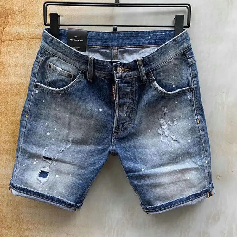 

Summer New Style D2 Denim Shorts Fashion Hole Patch Broken Ink Paint Slim Micro Elastic Blue Denim Shorts