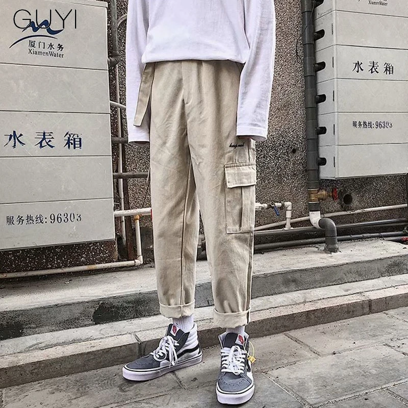

Black Solid Cargo Pants Men Khaki Ankle Length Pockets Tactical Pants Male Fashion Casual Streetwear Cotton Hip Hop Bottoms