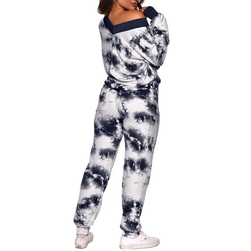 

Tie Dye Long Sleeve Tops Pants 2 Two Pieces Set 2020 Autumn Winter Women Sexy V-neck T-shirts +Pants Trousers Elegant Streetwear